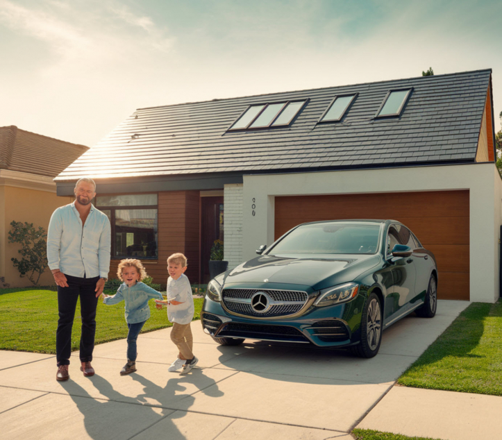 Vater mit seinen Kindern vor seinem Haus