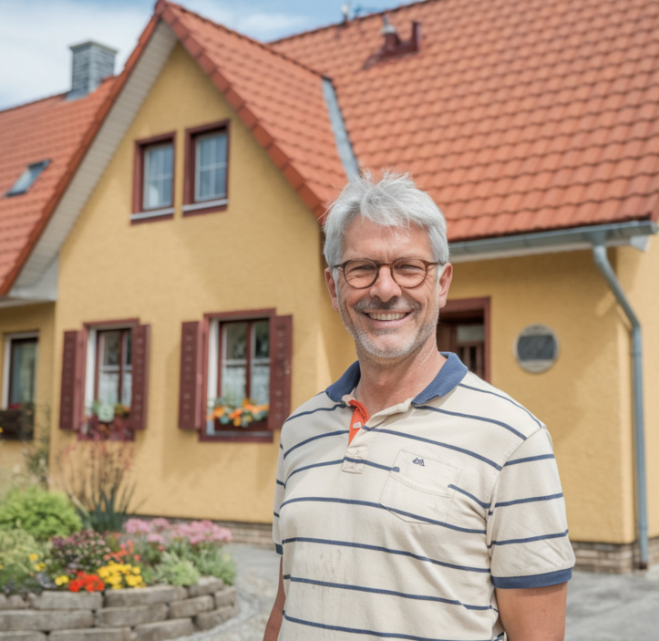 Der Hausbesitzer steht vor dem Haus welches er verkaufen will Der Hausbesitzer steht vor dem Haus welches er verkaufen will
